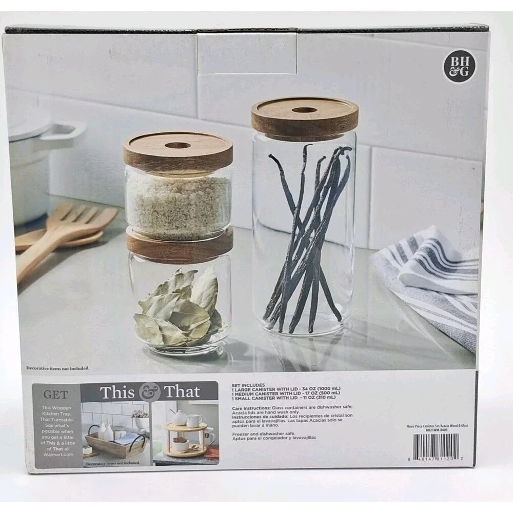 Better Homes & Gardens 3 Glass Canister Set Acacia Wood Lids With Silicon Seals